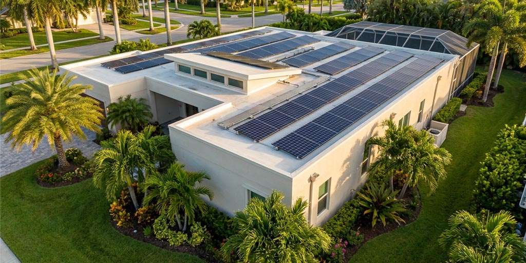 Flat roof home with solar panels installed on top of it